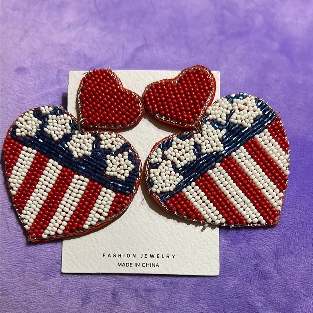 Patriotic Beaded Heart Earrings